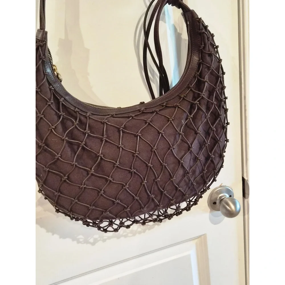 HOBO Brown Leather Net Canvas Shoulder Bag Knotted Tassel Crescent Hobo